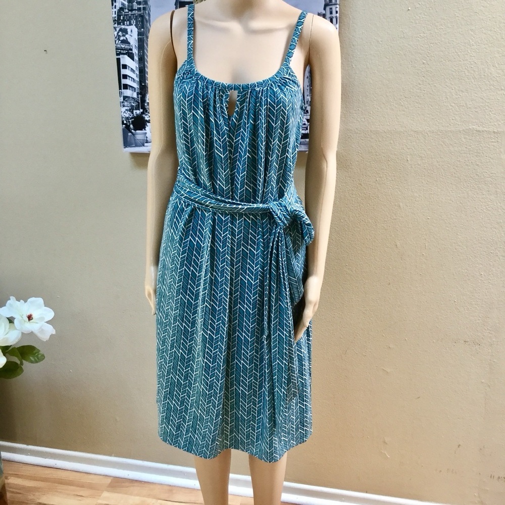 Blue Patterned Sleeveless Tie-Waist Women’s Dress